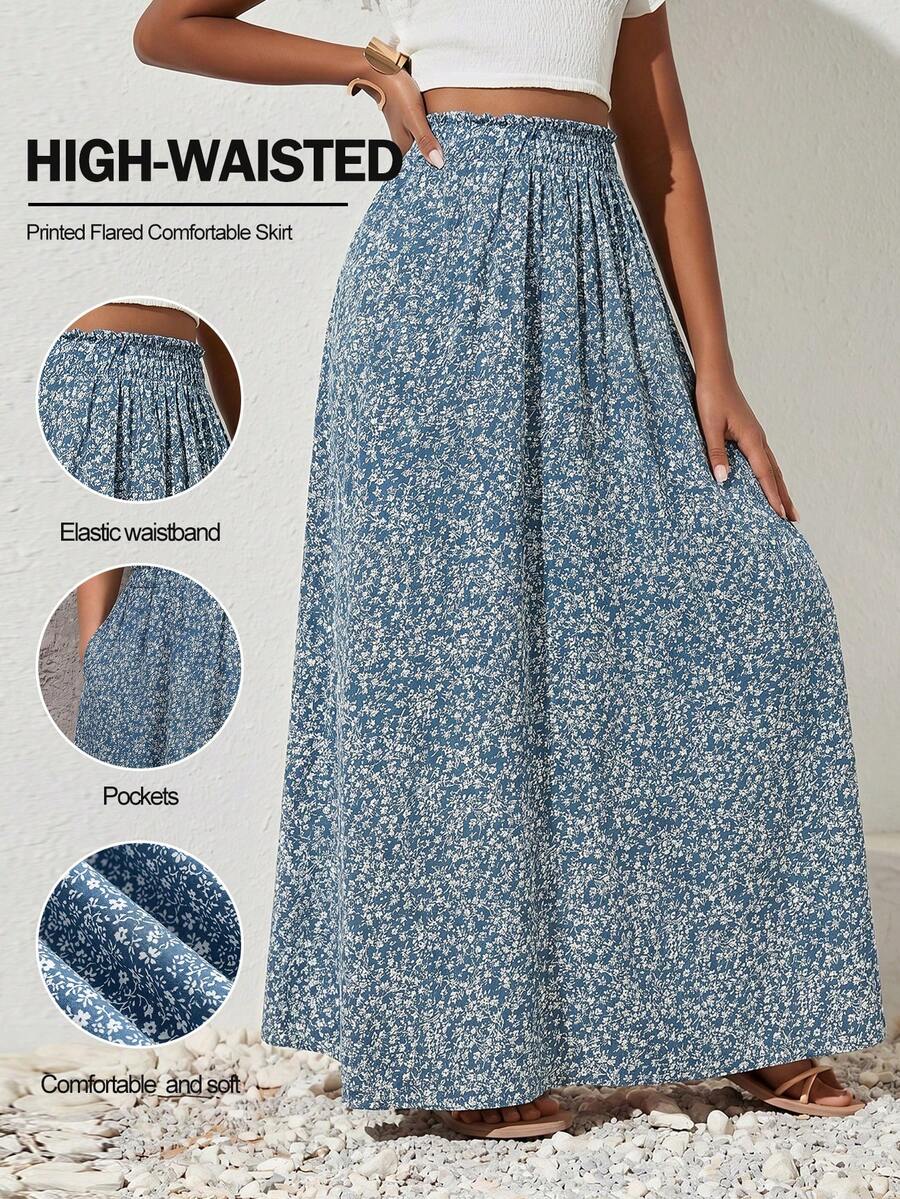 Reflora Plus Size Summer Pink Densely Printed Flared Comfortable Skirt - Blue - View 1