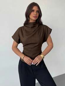 Firerie Wrinkled Collar Asymmetrical Sleeve Side Ruched Cinched Waist Commuter Apricot Bamboo Fiber Linen Blouse For Women, All Season,Summer Top - Coffee Brown - View 4