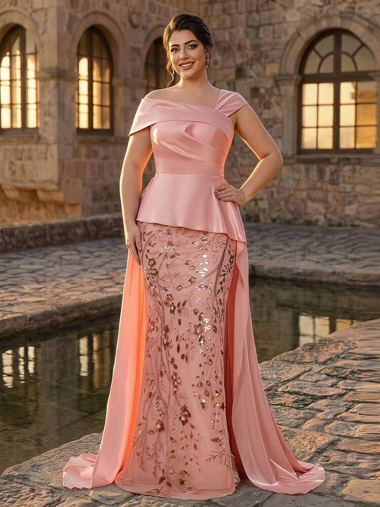 Serin Plus Size Dusty Pink Asymmetrical Elegant Matte Satin Patchwork Sequin Mermaid Fishtail Long Train Formal Dinner Wedding Guest Evening Gown Dress - Pink - View 4