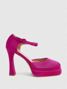 CUCCOO SZL Zapatos de tacón alto sexy con plataforma, tacón grueso, punta cuadrada y correa de tobillo para mujer - Rosa Fucsia - Ver 2