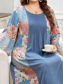 Lacomfia Vestido casual de primavera y verano con estampado de pañuelo cuadrado, patchwork, unicolor, manga 3/4, holgado, ajuste regular, talla grande - Multicolor - Ver 1