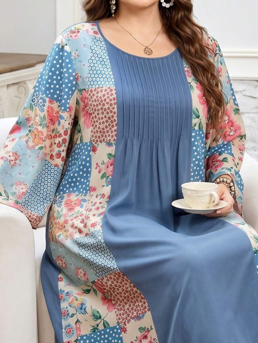 Lacomfia Vestido casual de primavera y verano con estampado de pañuelo cuadrado, patchwork, unicolor, manga 3/4, holgado, ajuste regular, talla grande - Multicolor - Ver 1