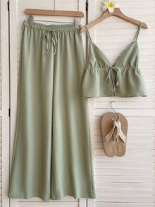 SHEIN EZwear 鼠尾草綠編織休閒熱帶風女款兩件套 度假夏季沙灘裝 - 綠色 - 查看 6