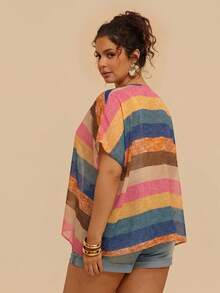 SHEIN VCAY Plus Size Women's Striped Colorblock Casual Vacation Travel Kimono Cardigan - Multicolor - View 3