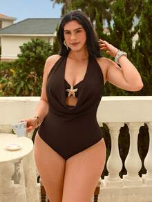 Swim Chiccia 夏季海灘度假優雅性感垂領大尺碼連身泳衣 老錢風女款泳裝 棕色 - 棕色 - 查看 5