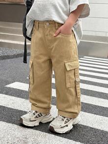 SHEIN Kids Young Boy Casual Straight Leg Cargo Jeans - Khaki - View 4