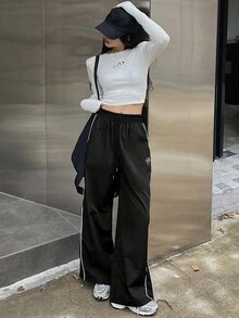 Livesso Tall 女款彈性腰側邊對比色織帶印花休閒寬鬆長褲 夏季 - 黑色 - 查看 4