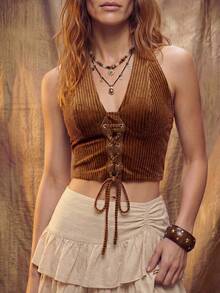 Fembélia Women's Criss-Cross Strappy Backless Halter Top - Burnt Orange - View 3