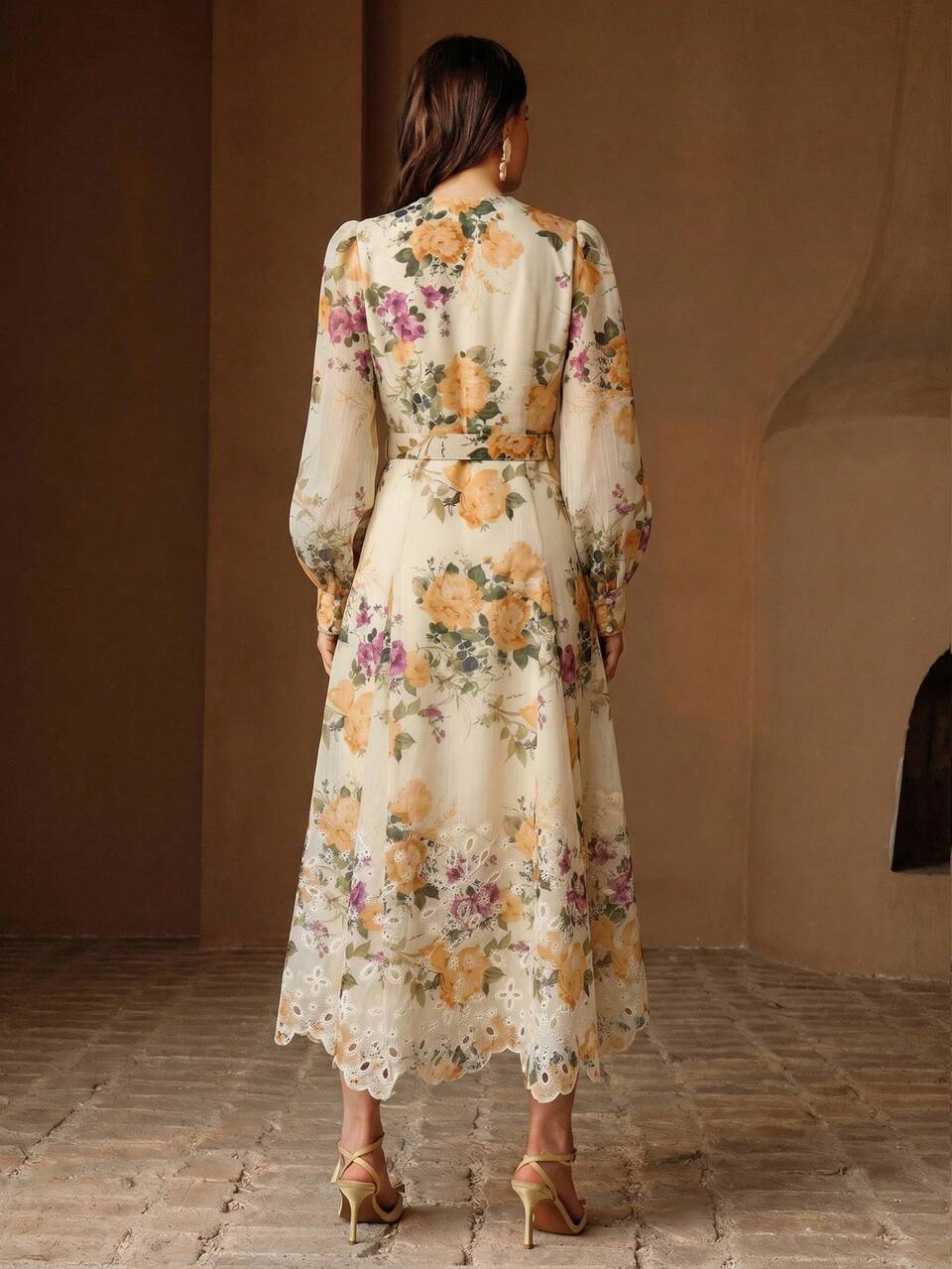 Anewsta Spring/Summer Holiday Romantic Floral Print Hollow Embroidery Collar Hem Lantern Long Sleeve Waist Belt Women's Elegant Party Dress