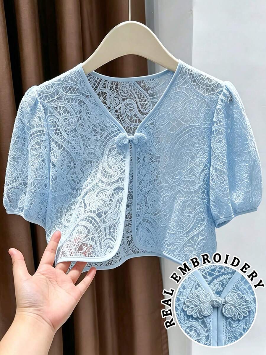 Franclia Jaket Wanita Desainer dengan Kancing Katak Berenda Lengan Pendek - Biru - View 1