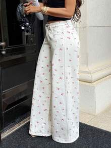 Rivivi Jean large et ample décontracté à poches avec imprimé floral discret pour femmes - Blanc - Voir 3