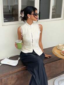 Serisse Women's Elegant 70s French Blouse With Frog Button Design And Contrast Lace, Beige Stand Collar Chinese Style Sleeveless Shirt, High Tea Party Summer - Beige - View 3
