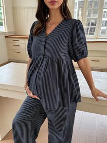 Dazy Maternity Fashion Striped Set Loose Short Sleeve Top Long Casual Pants Daily Wear Maternity 2 Pieces Set Summer - Navy Blue - View 1