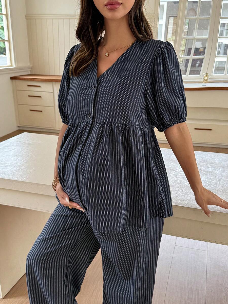 Dazy Maternity Fashion Striped Set Loose Short Sleeve Top Long Casual Pants Daily Wear Maternity 2 Pieces Set Summer - Navy Blue - View 1