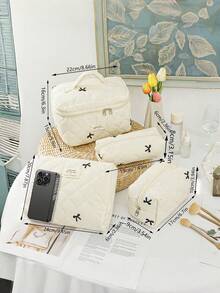 1Pc Quilted Bow Embroidered Cosmetic Bag, Lightweight Fluffy Zipper Travel Toiletry Pouch, Multi-Purpose Storage Case For Makeup, Tampons & Sanitary Pads, Portable Organizer For Daily School & Travel Use, Back To School Supplies - Beige - View 4