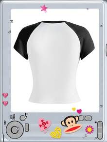 Paul Frank X ROMWE Camiseta ajustada de manga raglán con estampado I Love de marca compartida para mujer, estilo casual subcultura - Negro - Ver 2