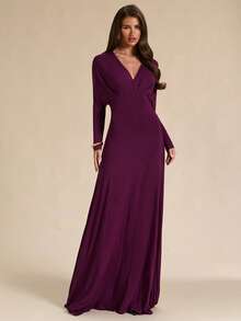 SHEIN BAE Autumn/Winter Solid Purple Deep V-Neck Long Sleeve Fitted Slim Long Knit Dress - Purple - View 6