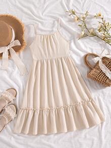 SHEIN La falda de poliéster con volantes en la Bottom está diseñada con un dobladillo con volantes, simple y elegante, para viajes, fotografía, salidas de verano y es muy llamativa. - Albaricoque - Ver 8