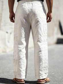 Manfinity Dauomo Pantalones largos casuales versátiles de uso diario con estampado geométrico y cintura con cordón para hombres - Beis - Ver 4