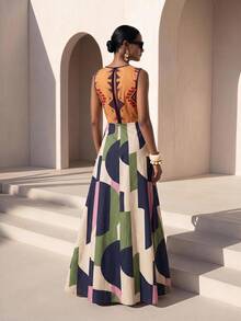 Zivah Neues Sommer Boho Urlaubs-Maxikleid für Damen, locker geschnitten, mehrfarbig mit geometrischem Retro-Muster, Rundhalsausschnitt, ärmellos, A-Linie, geeignet für Alltag, Urlaub, Musikfestivals, Reisen, Strand, Party, Flughafen-Outfits, Brunch-Outfits, Boho, Nomadisch, Casual, Pendeln, Abschlussfeier-Outfit, Country-Konzert-Outfit-Z - Verschiedenfarbig - Übersicht 2