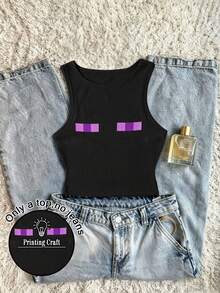 SHEIN 女式 Y2K 紫眼图形像素色块黑色短款运动背心，性感俱乐部服装，朋克街头风格，图形印花，哥特美学，休闲夏季上衣，露脐 T 恤 - 黑色 - 查看 1