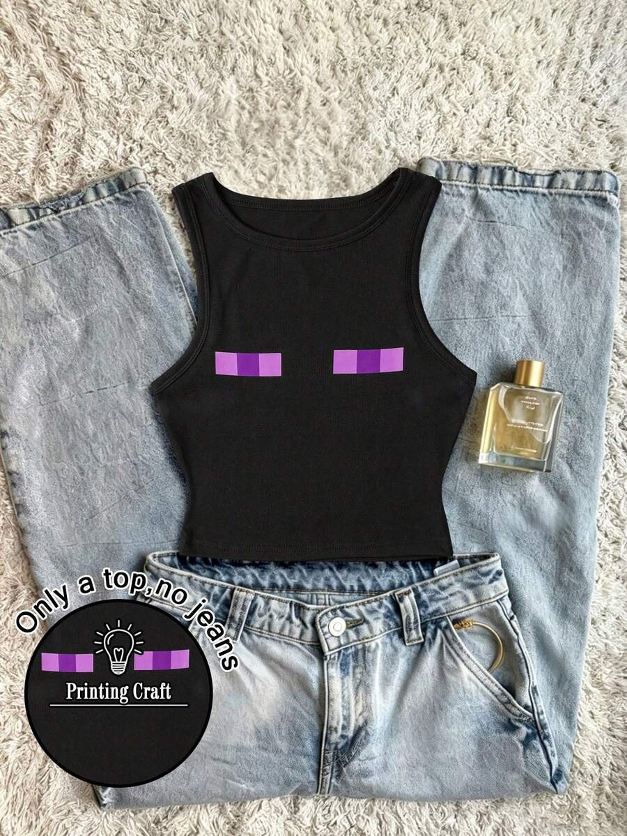 SHEIN 女式 Y2K 紫眼图形像素色块黑色短款运动背心,性感俱乐部服装,朋克街头风格,图形印花,哥特美学,休闲夏季上衣,露脐 T 恤 - 黑色 - 查看 1