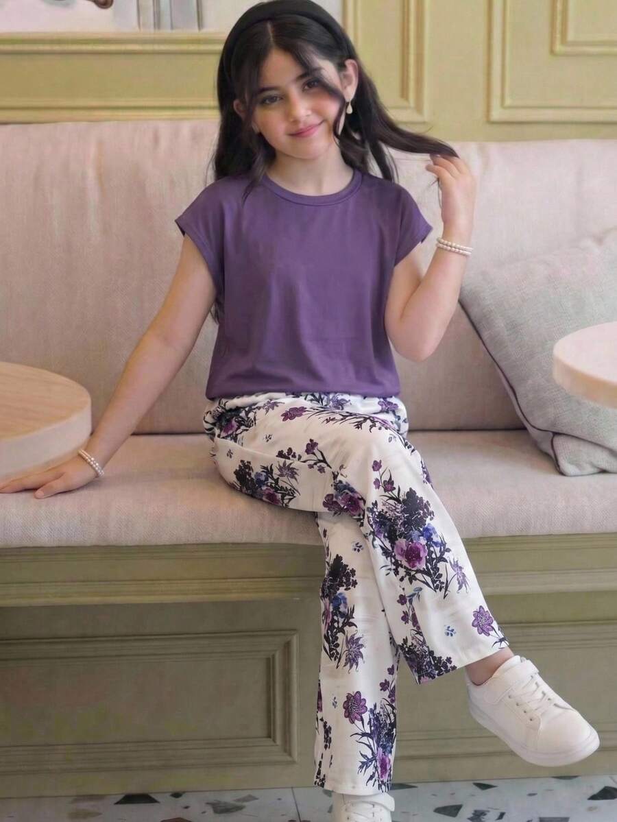 Tween女孩紫色短袖圓領寬鬆T恤與米色底紫色花卉高腰寬腿長褲套裝,親膚面料,復古中式風格休閒女裝,春夏/秋冬日常街頭通勤穿搭,小眾設計套裝 - 紫色 - 查看 1