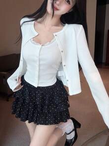 DAZY 女款兩件套：對比蕾絲細肩帶上衣與短版長袖上衣，春/秋季 - 白色 - View 5