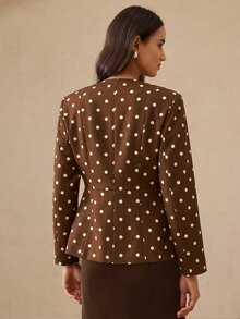 BELROSIE French Elegant Lady Commuter Versatile Polka Dot Exquisite Rhinestone Button Cinched Cinched Waist Long Sleeve Fitted Women's Blazer - Coffee Brown - View 6