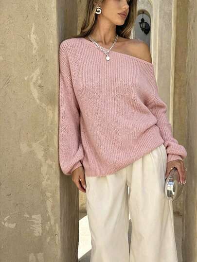 Siren Gaze Solid Ribbed Knit Asymmetrical Neck Bishop Sleeve Sweater,Long Sleeve Tops,Off The Shoulder Sweater In Fall/Winter Thanks Giving Pink Casual Spring