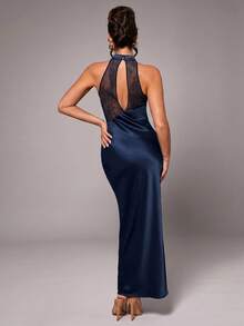 Silquee Women's Solid Color Fitted Back Splice Lace Elegant Halter Neck Dress Dinner Navy Blue Summer - Blue - View 2