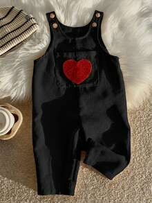 SHEIN Vêtements pour bébé garçon, bébé fille, tout-petit garçon, vêtements d'automne et d'hiver, barboteuses, salopettes, pantalon salopette en velours côtelé abricot, combinaison, pantalon long, confortable, polyvalent, à la mode, quotidien, mignon, broderie cœur 3D, style décontracté minimaliste basique, convient pour l'intérieur, l'extérieur, le ski, le quotidien, les sports, les jeux, les fêtes, les photos, les festivals, Halloween, Noël, le Nouvel An - Noir - Voir 5