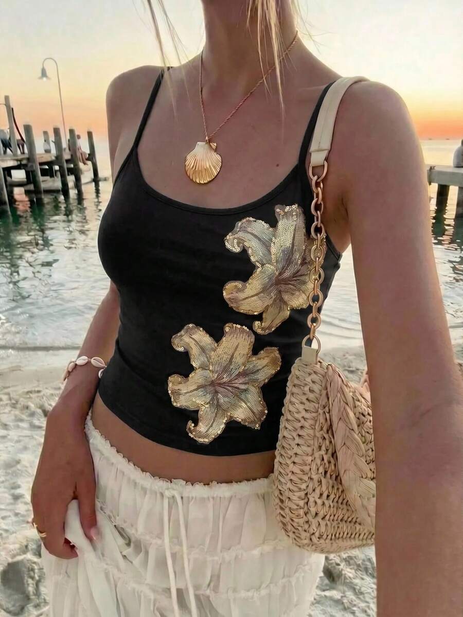 Aloruh 女款新款日常街頭風辣妹蕾絲亮片拼接性感細肩帶背心上衣 - 黑色 - 查看 1