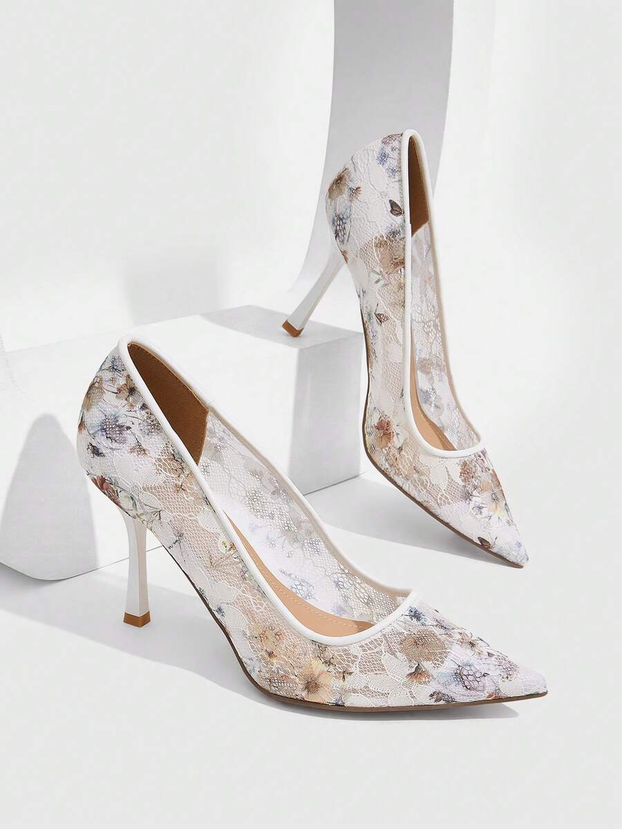 CUCCOO SZL Sepatu hak tinggi runcing bermotif bunga dan jala untuk wanita yang elegan. - Layar putih mencetak biru dan putih - View 1