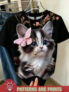 Resyla Kaos Wanita Kasual Lengan Pendek Leher Bulat Motif Kupu-kupu & Kucing Kartun - Hitam - View 1