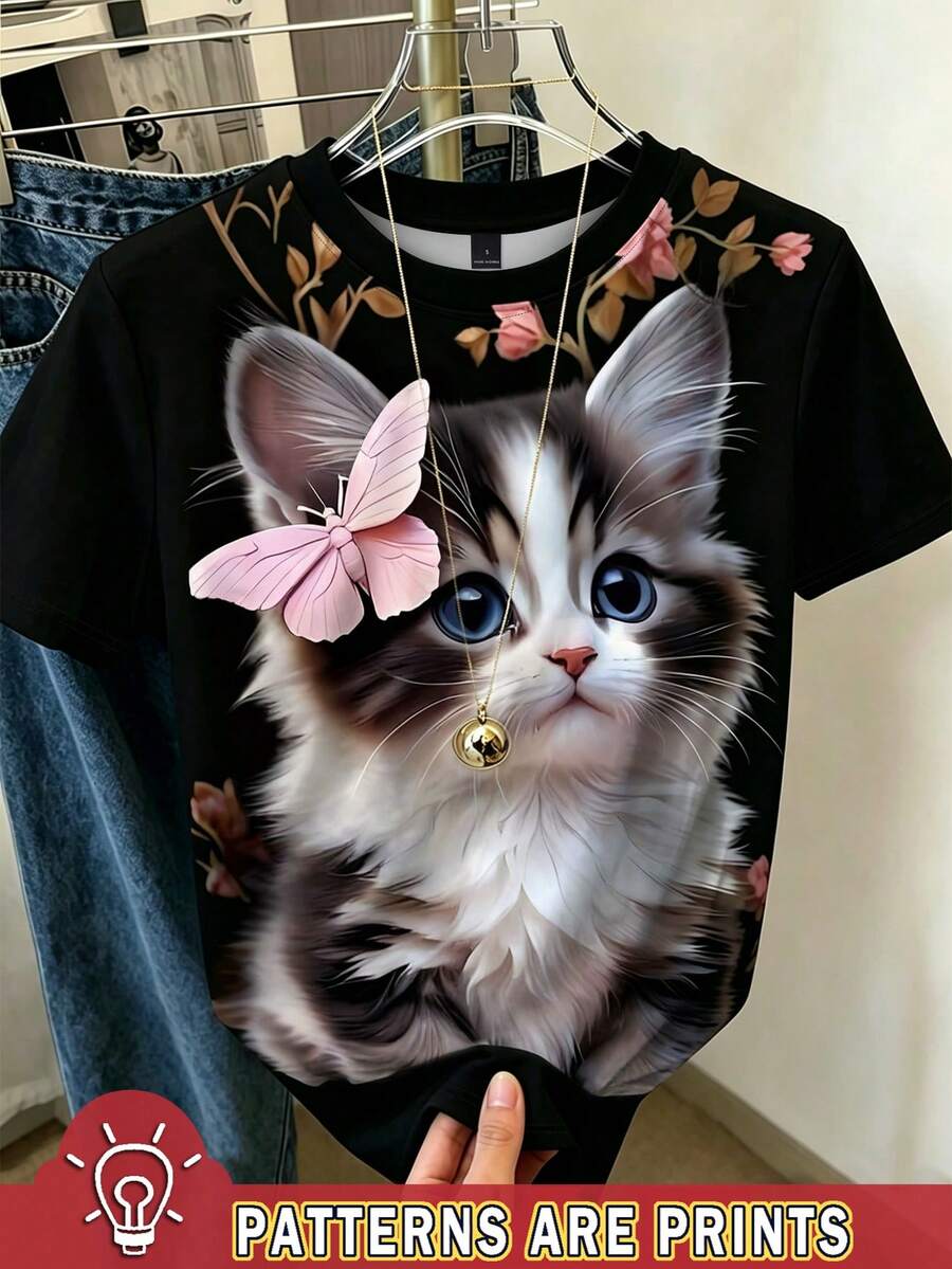 Resyla Kaos Wanita Kasual Lengan Pendek Leher Bulat Motif Kupu-kupu & Kucing Kartun - Hitam - View 1