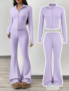 SHEIN NovaGlow Tween Girl Tween Girl Sports Casual Daily Knit Solid Color Cardigan Jacket And Flared Long Pants Set - Purple - View 1