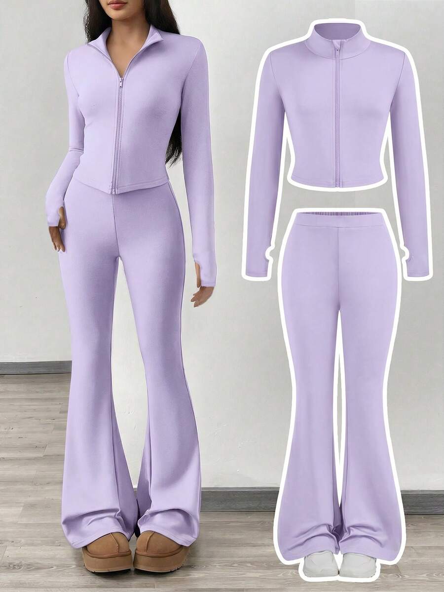 SHEIN NovaGlow Tween Girl Tween Girl Sports Casual Daily Knit Solid Color Cardigan Jacket And Flared Long Pants Set - Purple - View 1