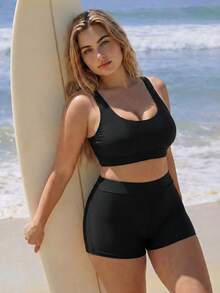Swim SPRTY Plus Size Solid Color Beach Vacation Swimsuit Set - Black - View 5