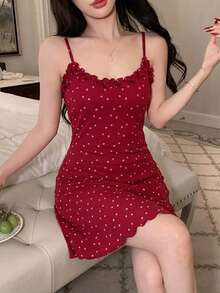 DAZY 碎花荷葉邊收腰短洋裝 夏季女款睡裙 - 紅色 - 查看 4