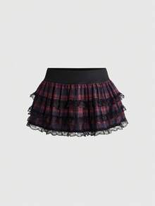 ROMWE J-Fashion Y2K 學院風哥德澀谷女孩風 大蝴蝶結低腰蕾絲飾邊層次格紋女款裙子 萬聖節校園之夜 海軍藍 秋季 - 彩色 - 查看 1