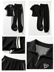 Resyla Conjunto de top de manga corta con cuello alto y pantalones casuales - Negro - Ver 7