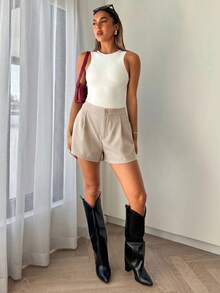 Siren Gaze Solid Color Button Pocket Loose Elegant Commuter Shorts - Khaki - View 3