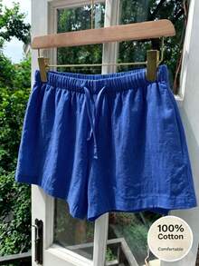 SHEIN Shorts casuales de unicolor con cintura con cordón para uso diario versátil para niñas preadolescentes - Azul - Ver 6