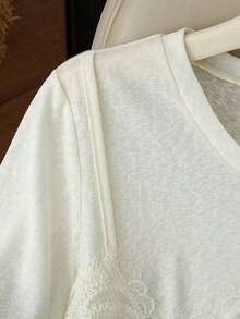 LUMIGAL Damen Herbst Leichtes Gewebe Atmungsaktiv Spitze Einsätze 2 in 1 Langarm Lässig Romantisch Elegant Alltag Date Brunch Off-White - Aprikosenfarben - Übersicht 6