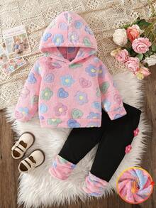 SHEIN Playful Pals 2件組女嬰冬季新款粉色花卉毛絨長袖連帽衛衣 3D花朵裝飾修身長褲 毛茸茸袖口 牛仔女孩運動套裝 - 粉色 - 查看 3