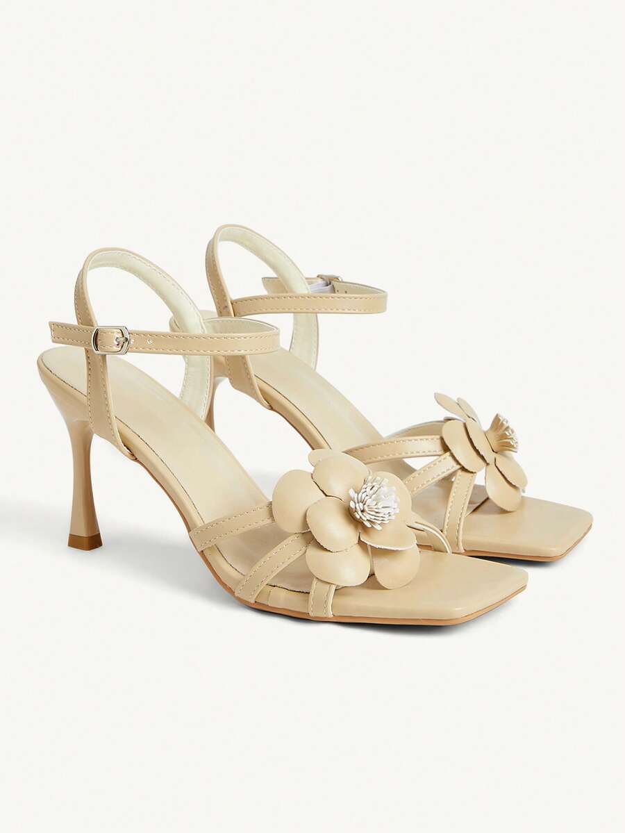 CUCCOO CHICEST Zapatos de mujer con flores tridimensionales multicolor, punta cuadrada, tacón de aguja y hebilla, sandalias de estilo dama suave, modelos de primavera y verano adecuados para citas - Albaricoque A - Ver 1