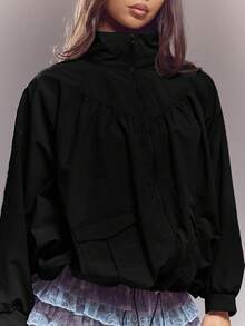 MUSERA 漏斗領蝙蝠袖抓皺夾克 春夏可愛性感街頭風 夜店芭蕾袖外套 - 黑色 - 查看 2