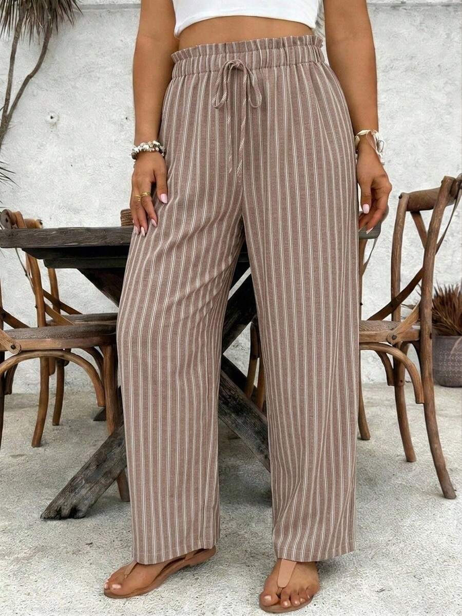 EMERY ROSE Striped Pattern Comfortable Fabric Plus Size Women's Striped Loose Casual Pants With Drawstring Waist And Ruffle Hem Fall