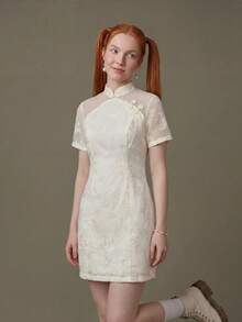 Elnivra Women's Elegant Romantic Chiffon Dress With Stand Collar, Frog Buttons, Short Sleeves, Jacquard Contrast Mesh Sheer Design, Dinner Date - Apricot - View 5